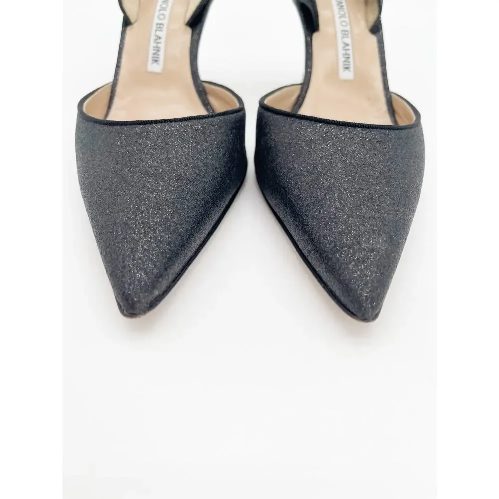 Manolo Blahnik Carolyne Black Glitter Pointed Toe Slingback Stiletto Heels IT 38